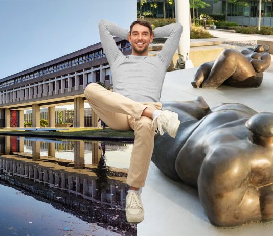 Recommended seating spaces at SFU A composite edit of a photo of the On the Beach exhibit and a photo of the AQ pond at SFU, where a person in a gray sweatshirt lounges in front of.