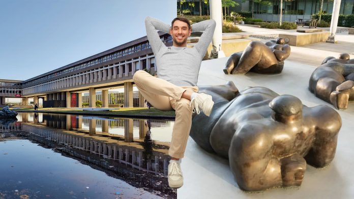 A composite edit of a photo of the On the Beach exhibit and a photo of the AQ pond at SFU, where a person in a gray sweatshirt lounges in front of.