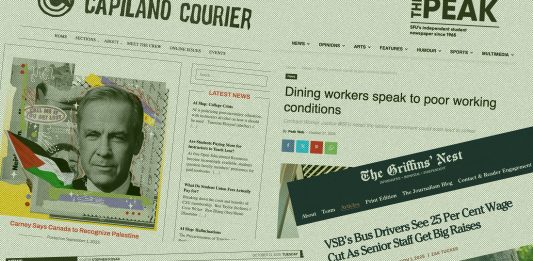Exploring the importance of student press in Canada A collage of various student publication articles from The Peak, Capilano Courier, The Griffins’ Nest, and The Ubyssey