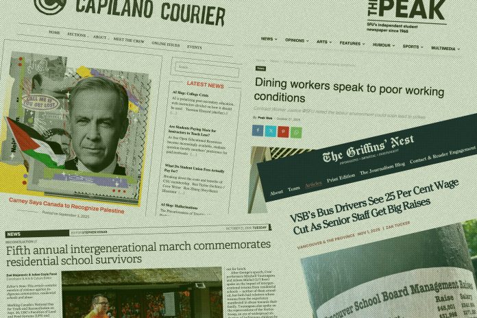 A collage of various student publication articles from The Peak, Capilano Courier, The Griffins’ Nest, and The Ubyssey