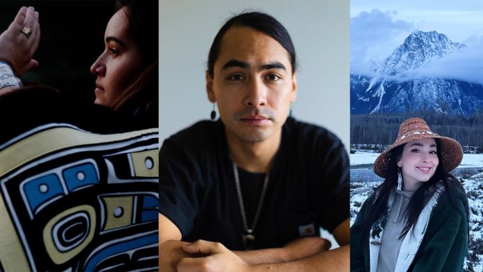 A collage of the portraits of Rebecca Baker-Grenier, Julian Brave NoiseCat, and Janna Wale