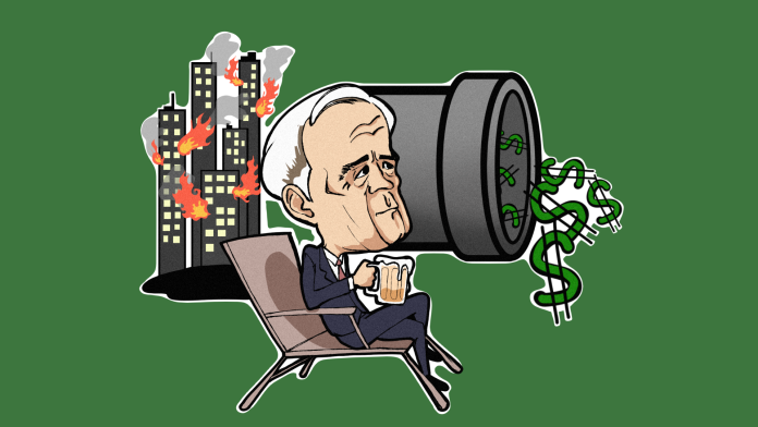 Illustration of Mark Carney sitting on a lawn chair drinking a beer while beside him a pipeline spills out money and buildings are burning in the background
