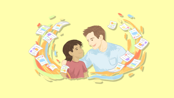 Illustration of child and adult looking at each other smiling, surrounded by swirling pages and pamphlets drawn with bright hues