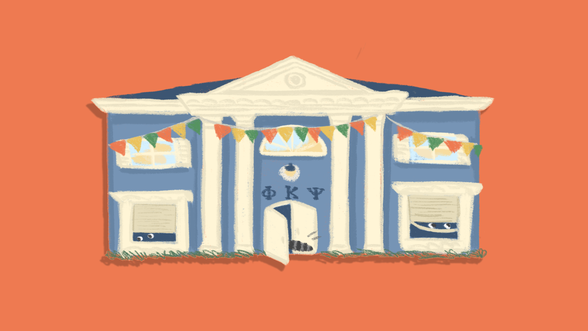 A house with fraternity banners on it. A raccoon’s tail can be seen poking out of the door.