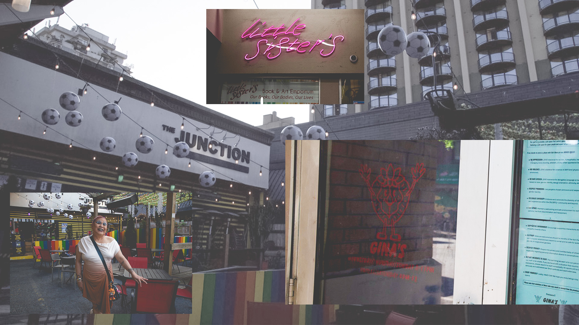 A collage of photos taken along the route of the narrator’s walking path, from Chinatown to Davie Street decked out in pride flags at Home Hardware. The collage includes drag queen Imelda Santos at The Junction smiling with iridescent blue makeup, mini soccer balls stringed behind her.