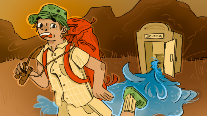 A man wearing a backpack running from a porta-poty that reads “WASHROOM” on it. He is running from a huge flood.