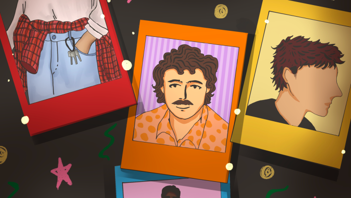 Three photos in polaroid printed style. One of someone wearing keys on their belt, another of a man with a mullet/moustache combo, and another of a haircut.