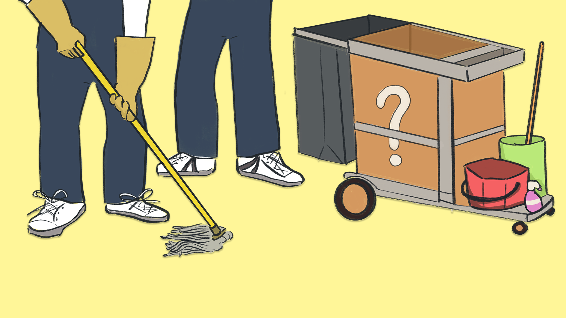 Illustration of janitors mopping next to a cleaning cart with a question mark on the front