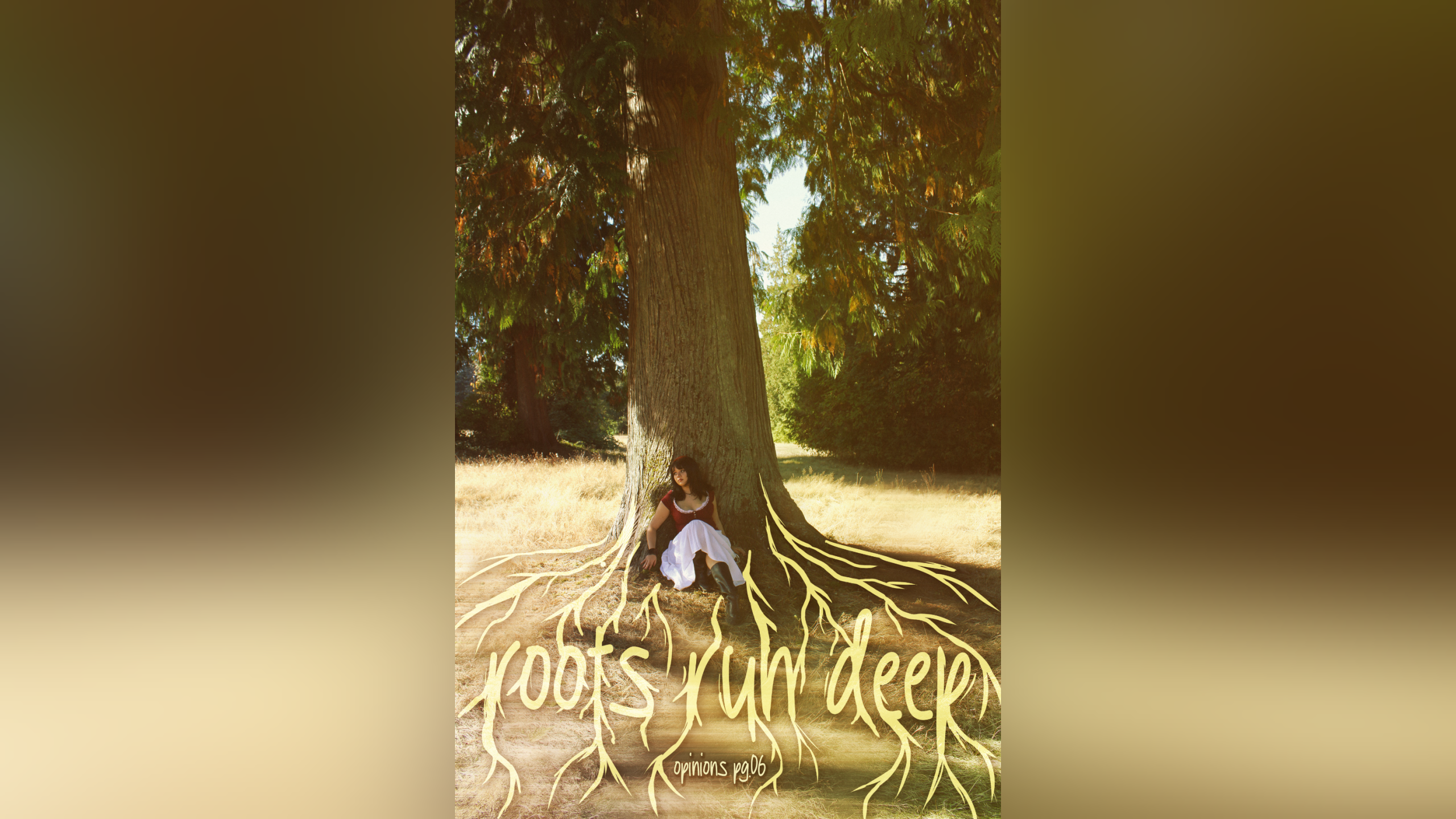 A person sits against a tree trunk.