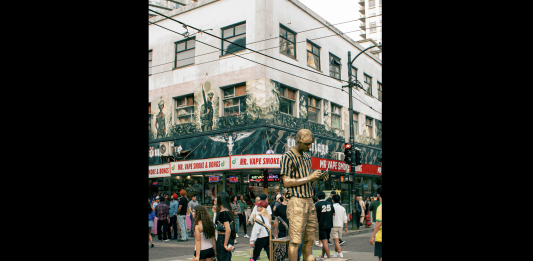Labour Day DJ party hit Granville pedestrian zone Crowded Granville street full of pedestrians during FIFA