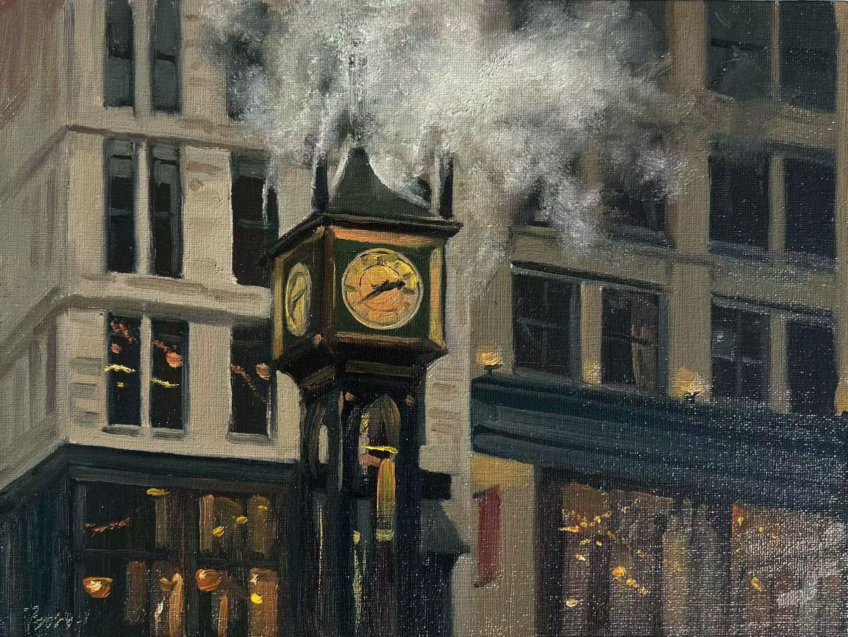 A painting of the Gastown Steam clock in the evening