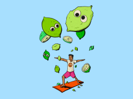Most Requested Lime hits the airwaves A man performing yoga as limes with eyeballs drop from the sky