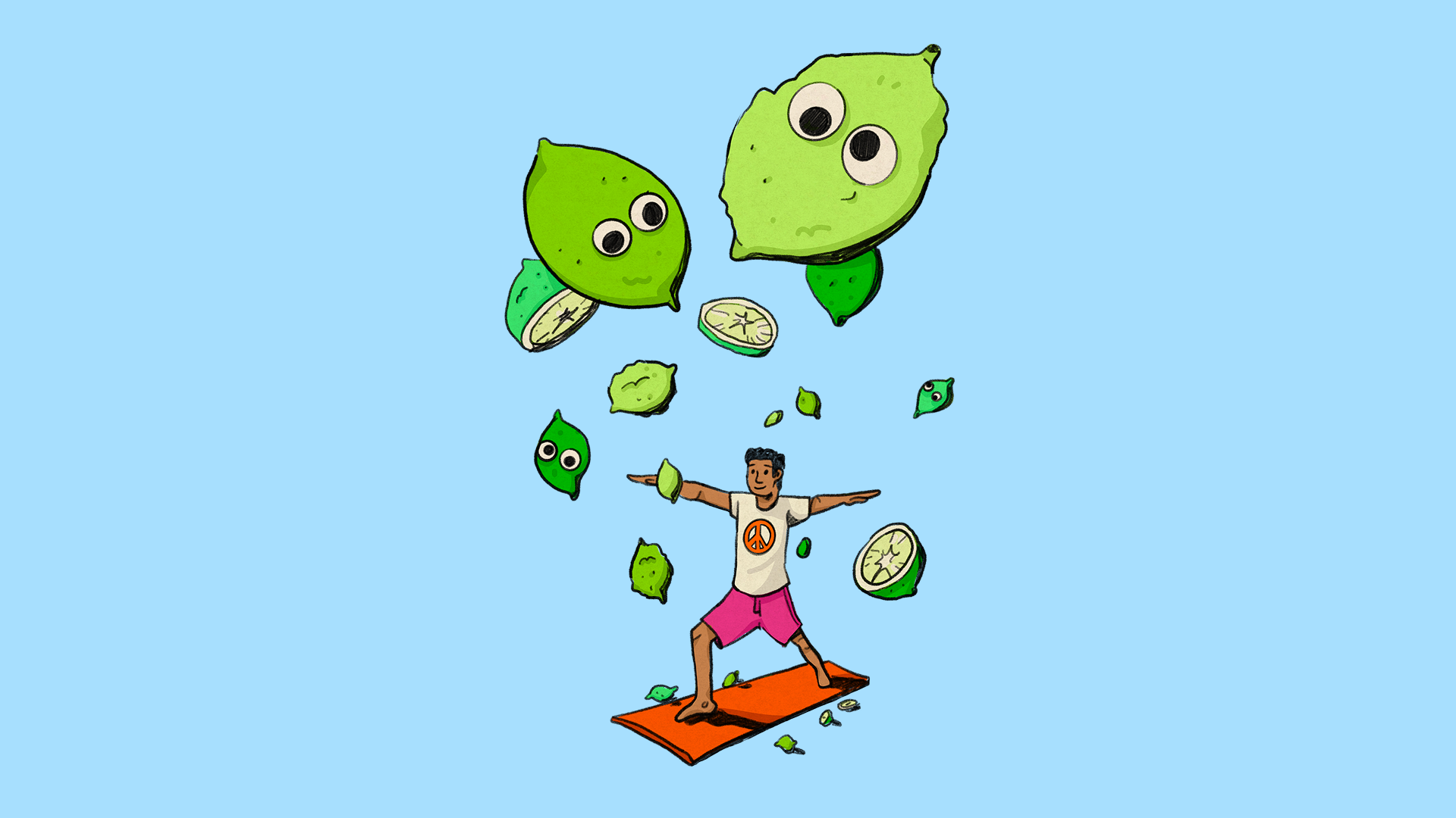 A man performing yoga as limes with eyeballs drop from the sky