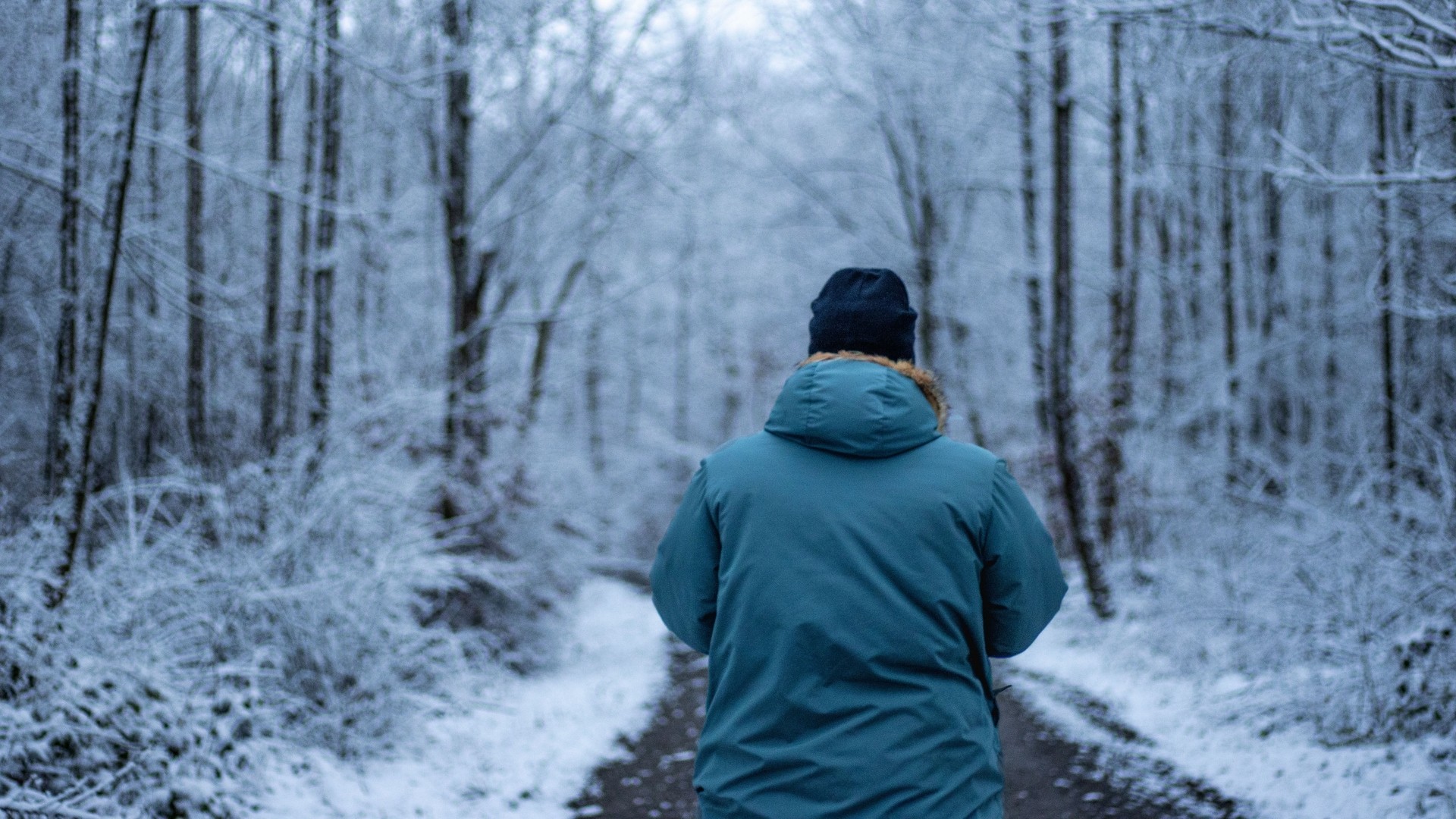 A person wearing a winter jacket and a beanie walking down a path surrounded by snow-covered trees